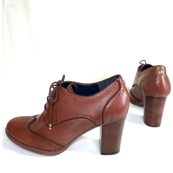 TOMMY HILFIGER Oxford Shoes Womens 10 Brown Leather Stacked Heel Brogue Academia - Picture 2 of 12
